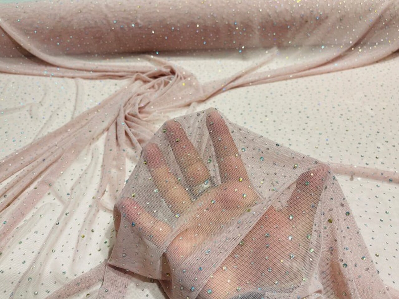 1 Yard Sheer Power Mesh With AB Rhinestones Stretch Fabric for Dancewear, Gowns & DIY